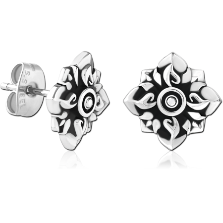 316L SURGICAL STEEL EAR STUDS FLORAL CROSS BLACK ACCENTED DESIGN