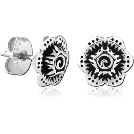 SURGICAL STEEL STUD EARRINGS TRIBAL SUNBURST FLOWER ETCHED OXIDIZED DETAILING PAIR
