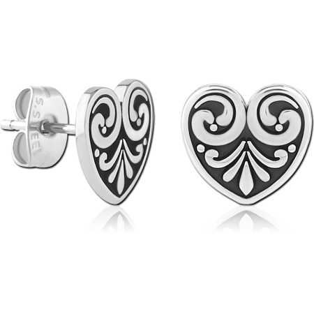 316L SURGICAL STEEL EAR STUDS HEART SWIRL BLACK ACCENTED DESIGN