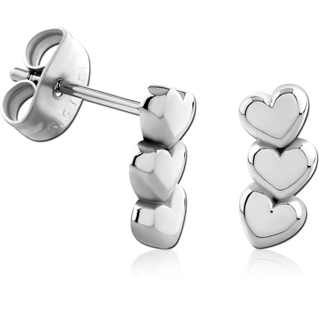 316L SURGICAL STEEL EAR STUDS TRIPLE STACKED HEARTS POLISHED FINISH