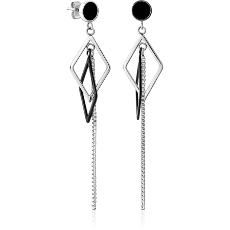 316L SURGICAL STEEL STUD EARRINGS GEOMETRIC DOUBLE DIAMOND WITH LONG CHAIN DROPS PAIR