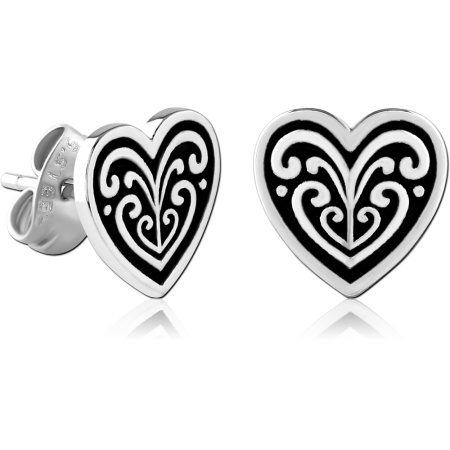 316L SURGICAL STEEL STUD EARRINGS HEART WITH BLACK DETAILING FILIGREE PATTERN PAIR