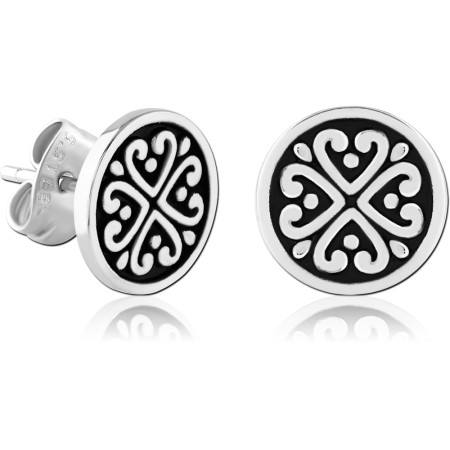 316L SURGICAL STEEL STUD EARRINGS ROUND WITH BLACK DETAILING HEART FILIGREE PAIR