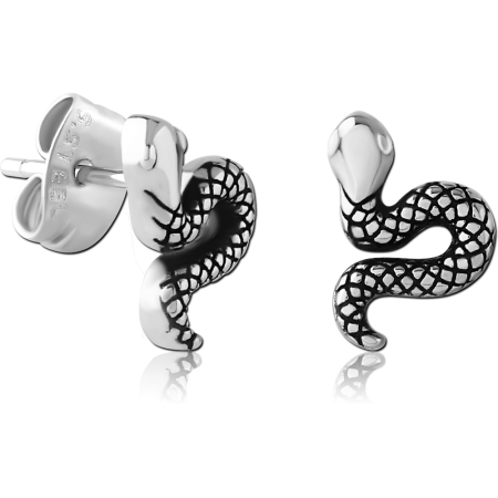 316L SURGICAL STEEL STUD EARRINGS SNAKE DESIGN WITH BLACK ANTIQUED SCALES PAIR