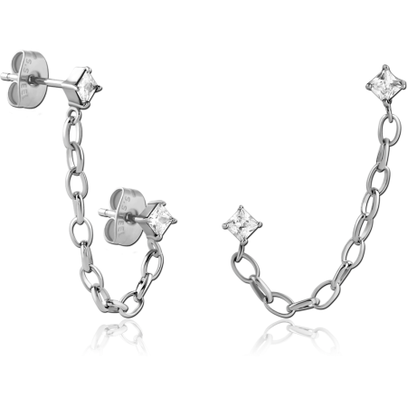 316L SURGICAL STEEL JEWELED STUD EARRINGS SQUARE CLEAR GEMS WITH CONNECTING CHAIN PAIR