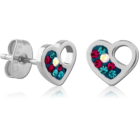 316L SURGICAL STEEL STUD EARRINGS OPEN HEART MULTI-COLOR CRYSTAL INLAY PAIR