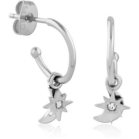 316L SURGICAL STEEL STUD EARRINGS CRYSTAL ACCENTS WITH STAR AND MOON CHARMS