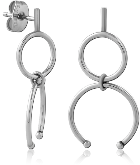316L SURGICAL STEEL STUD EARRINGS ASYMMETRICAL DOUBLE HOOP DROP WITH BEAD ENDS