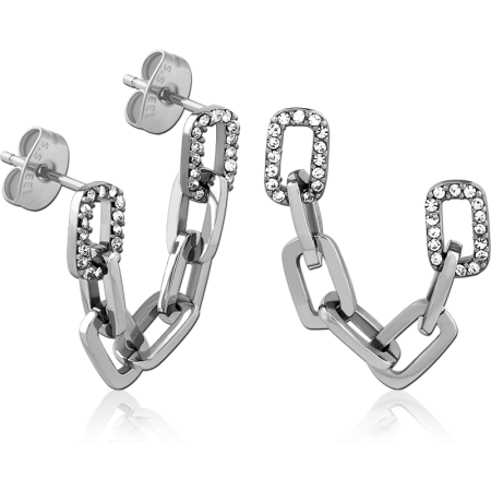 316L SURGICAL STEEL STUD EARRINGS RECTANGULAR LINK CHAIN DROP WITH JEWELED ACCENTS