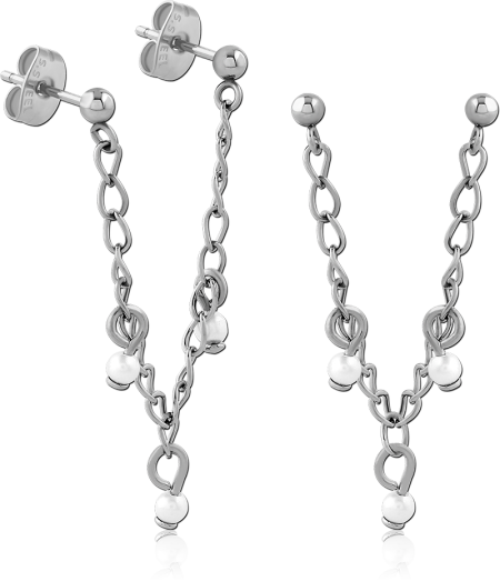 316L SURGICAL STEEL STUD EARRINGS DOUBLE CHAIN DROP WITH BEAD CHARMS