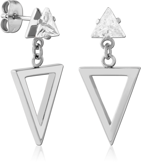 316L SURGICAL STEEL STUD EARRINGS TRIANGLE DROP WITH TRILLION CLEAR GEM