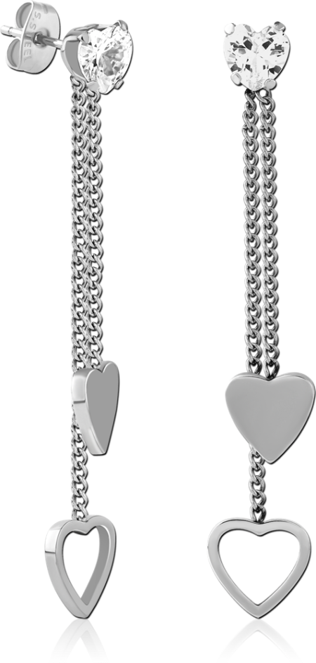 316L SURGICAL STEEL STUD EARRINGS DOUBLE CHAIN HEARTS WITH CLEAR HEART GEM