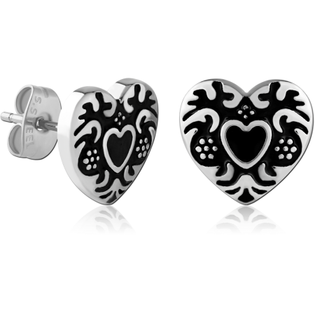 316L SURGICAL STEEL STUD EARRINGS ORNATE HEART BLACK ENAMEL DESIGN