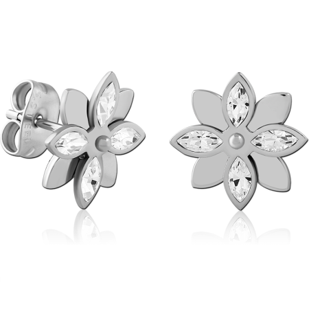 316L SURGICAL STEEL STUD EARRINGS SIX PETAL FLOWER WITH MARQUISE CLEAR GEMS