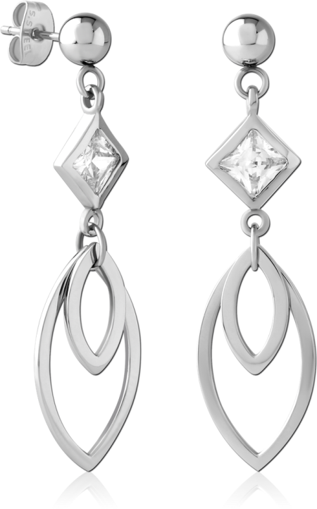 316L SURGICAL STEEL STUD EARRINGS GEOMETRIC DOUBLE MARQUISE DROP WITH SQUARE GEM