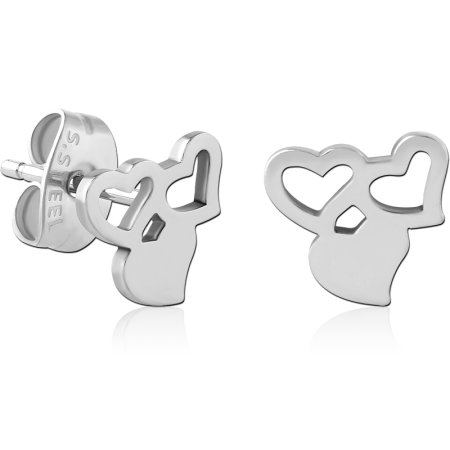 316L SURGICAL STEEL STUD EARRINGS DOUBLE OPEN HEARTS AND SOLID HEART PAIR