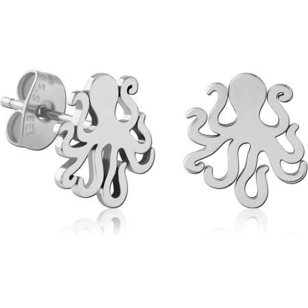 316L SURGICAL STEEL STUD EARRINGS OCTOPUS SILHOUETTE CUTOUT NAUTICAL PAIR