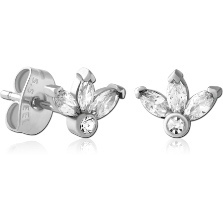 316L SURGICAL STEEL STUD EARRINGS TRIPLE MARQUISE FAN WITH CLEAR GEMS PAIR