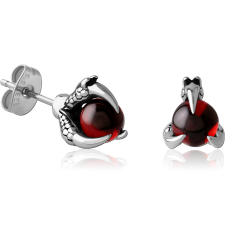 316L SURGICAL STEEL STUD EARRINGS TALON CLAW HOLDING RED GEM PAIR