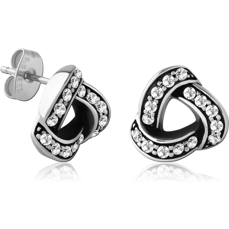 316L SURGICAL STEEL STUD EARRINGS RIBBON TRIANGLE SWIRL BLACK ENAMEL WITH CRYSTALS PAIR
