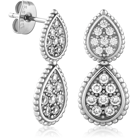 316L SURGICAL STEEL STUD EARRINGS DOUBLE TEARDROP BEADED EDGE WITH CLEAR CRYSTALS PAIR