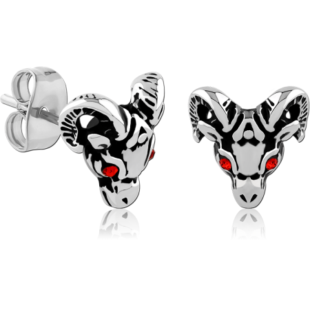 316L SURGICAL STEEL STUD EARRINGS RAM HEAD BLACK ENAMEL WITH RED GEM EYES PAIR