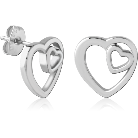316L SURGICAL STEEL STUD EARRINGS OPEN HEART WITH INNER HEART OUTLINE PAIR