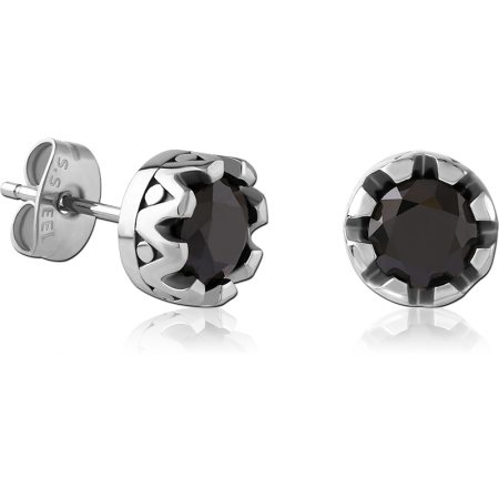 316L SURGICAL STEEL STUD EARRINGS ROUND BLACK GEM PRONG SET PAIR