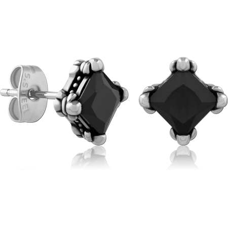 316L SURGICAL STEEL STUD EARRINGS BLACK PRINCESS CUT GEM PRONG SET