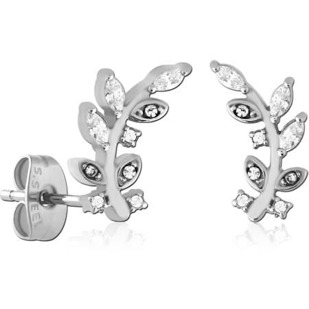 316L SURGICAL STEEL STUD EARRINGS LEAF VINE WITH MARQUISE AND ROUND GEMS