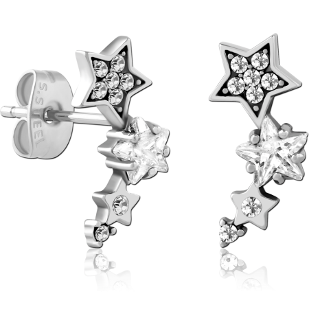 316L SURGICAL STEEL STUD EARRINGS CASCADING STARS WITH PAVE AND CLEAR GEMS