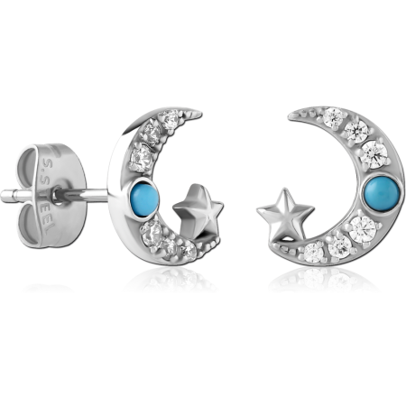 316L SURGICAL STEEL STUD EARRINGS GEMMED CRESCENT MOON WITH STAR AND TURQUOISE CABOCHON