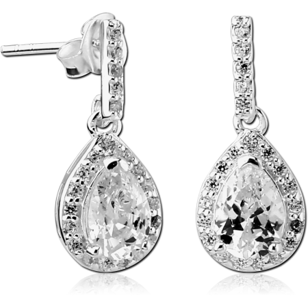 316L SURGICAL STEEL DROP EARRINGS TEARDROP HALO WITH CLEAR PAVE GEMS