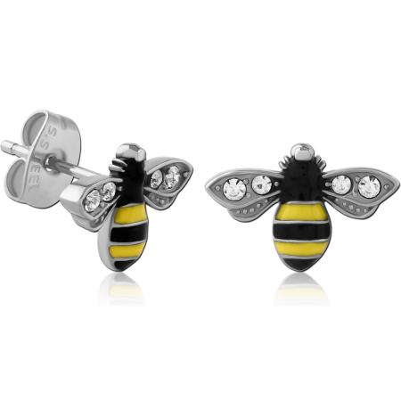 316L SURGICAL STEEL STUD EARRINGS BEE WITH ENAMEL AND CLEAR GEMS
