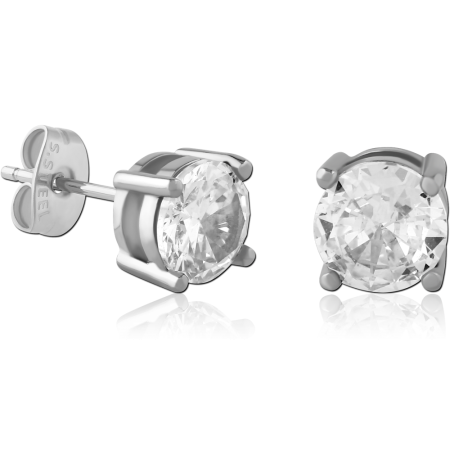 316L SURGICAL STEEL STUD EARRINGS ROUND SOLITAIRE PRONG SET GEM