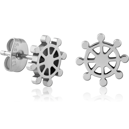316L SURGICAL STEEL STUD EARRINGS SHIP WHEEL OUTLINE DESIGN