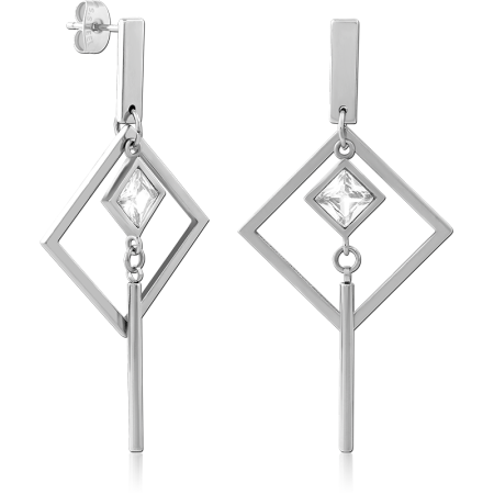 316L SURGICAL STEEL STUD EARRINGS GEOMETRIC DIAMOND FRAME WITH BAR DROP