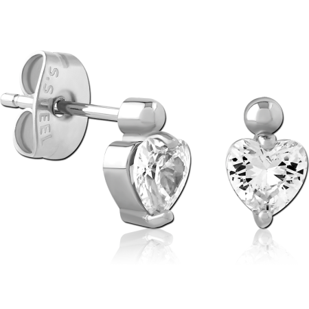 316L SURGICAL STEEL STUD EARRINGS HEART GEM WITH TOP BALL ACCENT