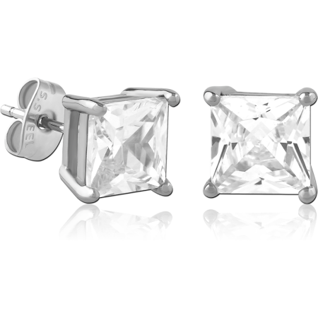 316L SURGICAL STEEL STUD EARRINGS SQUARE PRINCESS CUT PRONG SET GEM