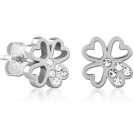 316L SURGICAL STEEL STUD EARRINGS FOUR LEAF CLOVER OUTLINE WITH GEM ACCENTS