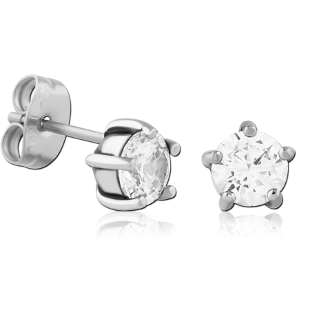 316L SURGICAL STEEL STUD EARRINGS ROUND SOLITAIRE SIX PRONG GEM