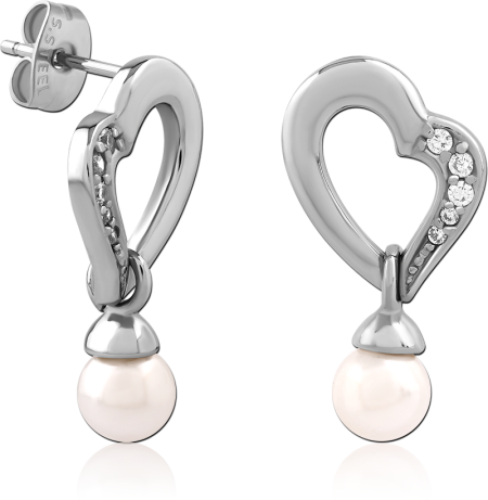 SURGICAL STEEL STUD EARRINGS OPEN HEART WITH CRYSTAL AND PEARL DROP