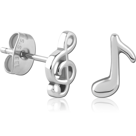 316L SURGICAL STEEL STUD EARRINGS TREBLE CLEF AND MUSIC NOTE DESIGN