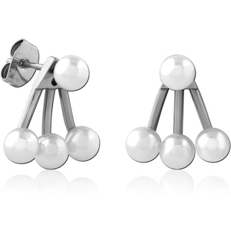 316L SURGICAL STEEL STUD EARRINGS TRIPLE BALL DANGLE POLISHED BAR DESIGN