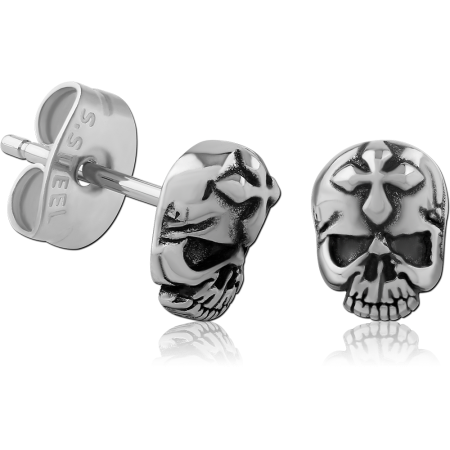 316L SURGICAL STEEL STUD EARRINGS SKULL HEAD RAISED CROSS DETAIL DESIGN