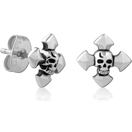 316L SURGICAL STEEL STUD EARRINGS CROSS WITH SKULL CENTER RAISED DESIGN