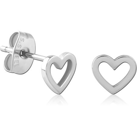 316L SURGICAL STEEL STUD EARRINGS OPEN HEART OUTLINE POLISHED MINIMAL DESIGN