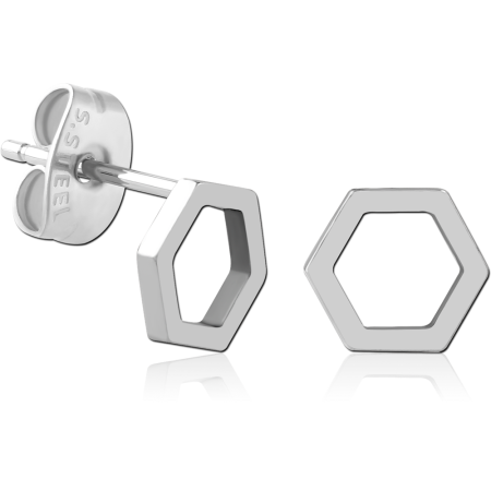 316L SURGICAL STEEL STUD EARRINGS OPEN HEXAGON OUTLINE POLISHED MINIMAL DESIGN