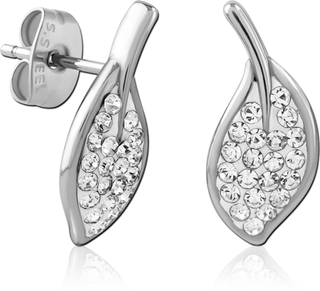 316L SURGICAL STEEL STUD EARRINGS LEAF SHAPE CLEAR CRYSTAL PAVE DETAIL