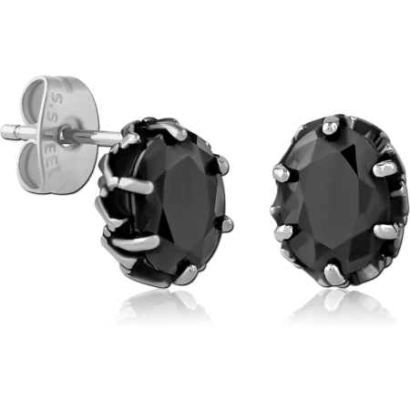316L SURGICAL STEEL STUD EARRINGS PRONG SET BLACK OVAL GEM
